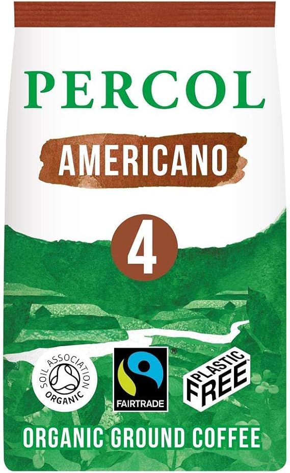 PERCOL Fairtrade Organic Rich Americano Ground Coffee - 100% Fairtrade & Organic Arabica, Central & South American blend, Notes of milk chocolate & walnut, Strength 4. 200 (Pack of 2)