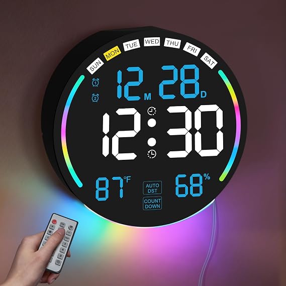 Digital Wall Clock 10.3 Inch Large Digital Clock with LED Display Alarm Countdown Timer DST Temperature Humidity Automatic Dimming Remote Control Classroom Living Room Office Gym