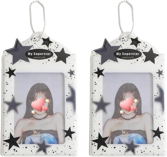 2Pcs Stars PVC Kpop Photocard Holder, 3 Inch Cute Clear Photo Card Case with Ball Chain, Photocard Holder with Keychain for Kpop Album Cards, ID Cards and Bank Cards, Card Cover Protective Case