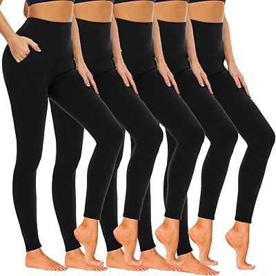 Hi Clasmix 5 Pack Leggings for Women-High Waisted Tummy Control Soft Casual Workout Black Yoga Pants with Pockets