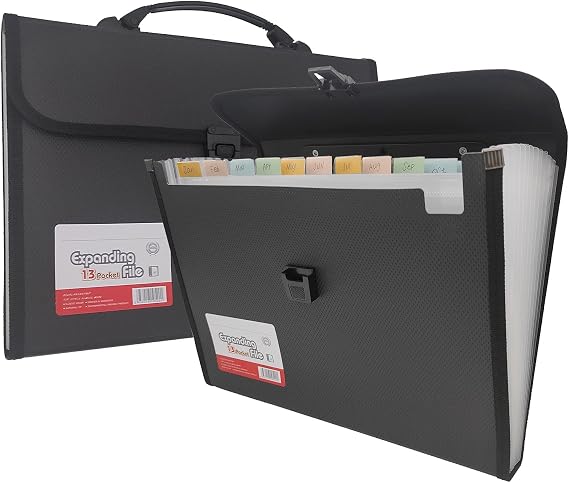 Expanding File Folder with Labels, 13 Pocket Accordion File Organizer, Letter A4 Paper Document Accordion Folder, 1 Pack (Black)