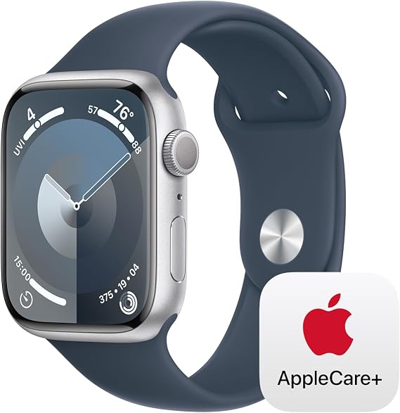 Apple Watch Series 9 [GPS 45mm] Smartwatch with Silver Aluminum Case with Storm Blue Sport Band M/L, Water Resistant with AppleCare+ (2 Years)
