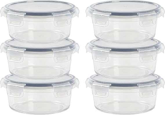 6 Pack Round Food Containers with Lids Airtight,Reusable Plastic Snack Pots with Clip Lock,Leak-proof Stackable Small Storage Container Set for Fruit, Yoghurt, Snack (700ML*6)