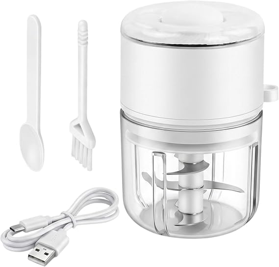 Electric Kitchen Chopper 350 ml, Small Food Chopper with 6 Blades for Meat, Onions, Garlic, Chilli, Fruit, Compact Food Processor for Home & Camping, Hiking, Outging, With Small Brush (White)
