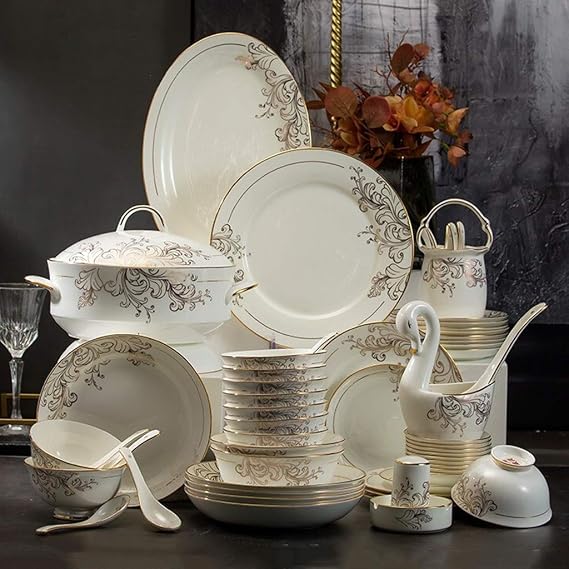 Bone China Dinnerware Set, 60 Pieces Of Luxury Ceramic Dinnerware, Family Gathering Wedding Gift, Microwave Safe Bone China, Gold Rimmed Dinner Plate Set