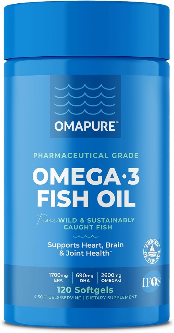 OMAPURE Fish Oil Omega 3 Supplements - Triple Strength - High EPA, DHA - IFOS Lab Tested - Supports Heart & Brain Health - Burpless Capsules - Wild Caught - (1 Bottle - 120 Softgels Per Bottle)