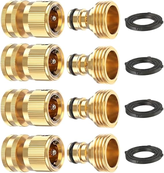 Kesfitt Garden Hose Quick Connect 3/4 Inch GHT Solid Brass Hose Connector Adapter Kit Fitting No-Leak Water Hose Female and Male Adapter (4 Sets)