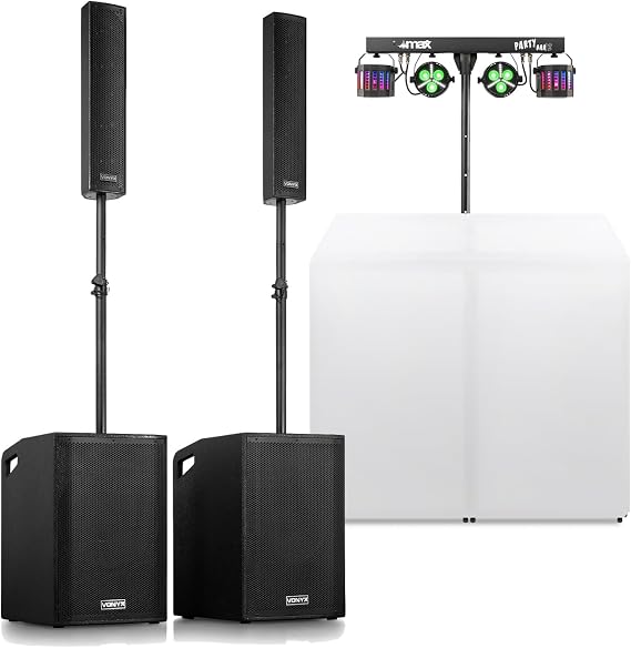 Vonyx VX1080BT PA System for DJs with Column Speakers, 2x 15" Subwoofers, DB3 Pro DJ Booth & Sound-Activated PartyBar12 Light – Complete DJ PA Equipment Package for Events, Gigs, and Mobile Setups