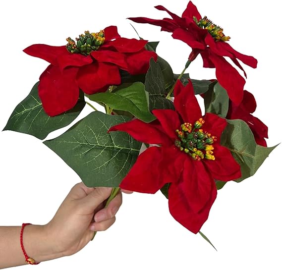 Artificial Poinsettias Flower Real Touch Flannel Red Floral Bouquet Green Plant Gift Holiday Xmas Decor (Big Petal)