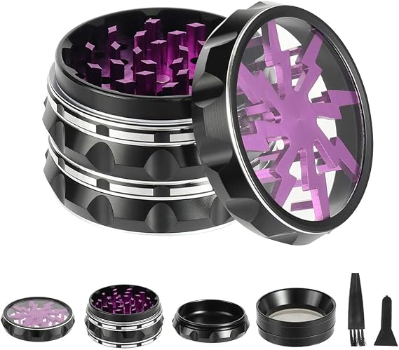 2.5" 4 Pieces Clear Top Herb Grinder - Aluminium Spice Grinder with Pollen Scraper and Cleaning Brush - Black Body with Purple Lightning on Top