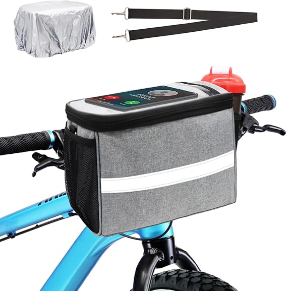 Bike Handlebar Bag, Front Bicycle Basket Cooler Pouch with Phone Holder | Multiple Sizes & Colors, Large Phone Holder, Reflective Strip, Mesh Bags, Multi-layer Fabric, Fits Most Bikes Scooters