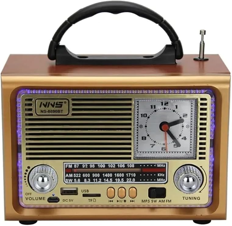 8898 LED Işıklı Taşınabilir Nostaljik Fm Radyo Saat Bluetooth Tf Kart USB Destekli Ahşap Kasa Radyo