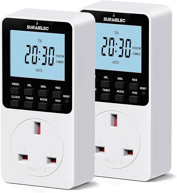 SURAIELEC 2 Pack Digital Timer Plug Socket 18 Programs UK