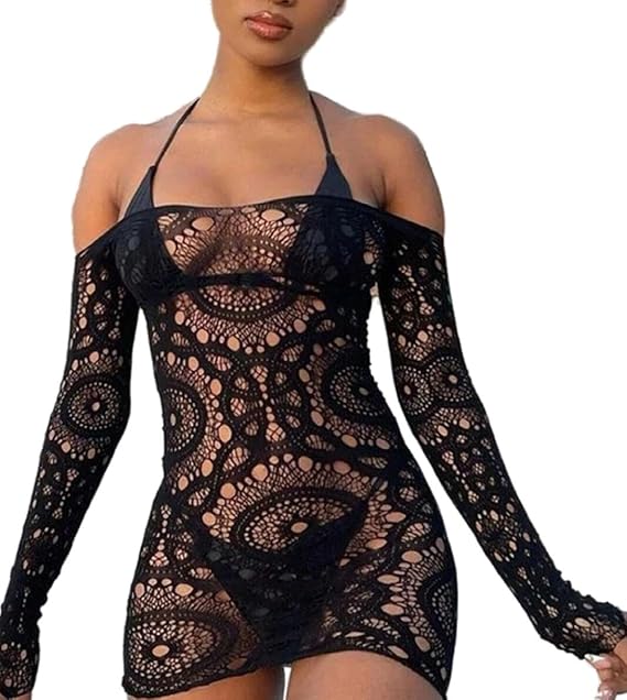 Flat Shoulder Long Sleeve Hollow Out Stretchy Dress Lace Cut-Out Mini Dress See Through Wrap Dress