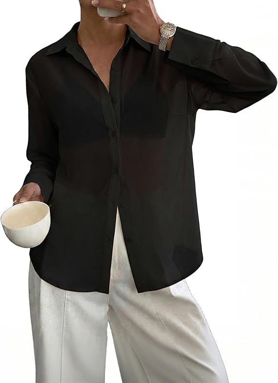 Totatuit Womens Sheer Button Down Shirts See Through Blouse Beach Cover Up