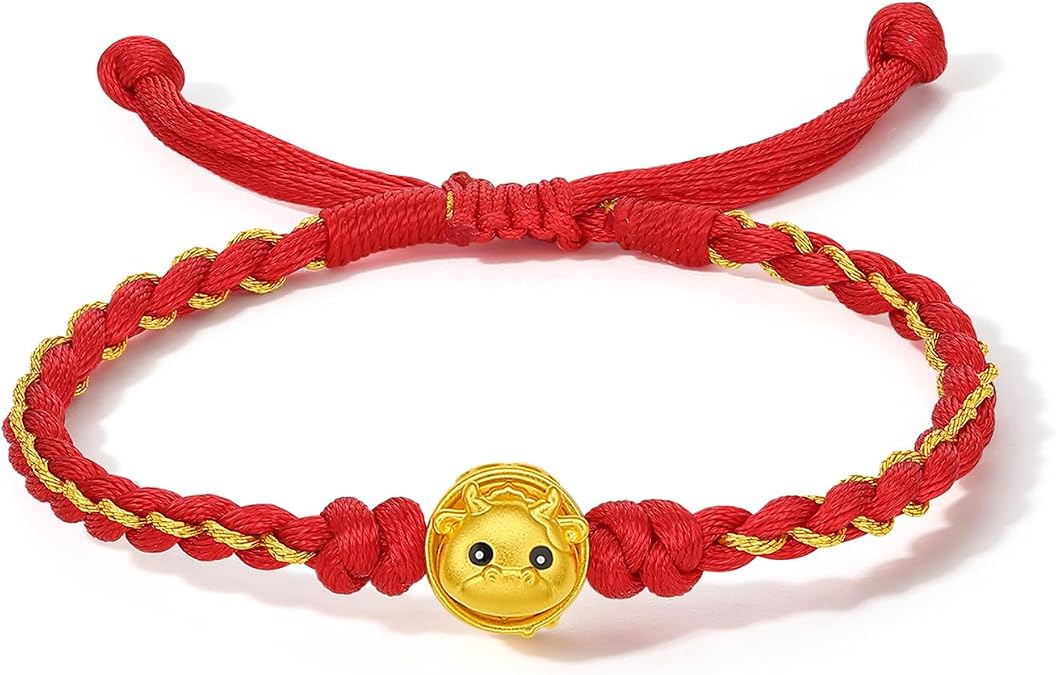 24K Gold Bracelet Chinese Zodiac Charm Bracelets Adjustable Red Lucky Chain Dragon Snake Animal Charms Feng Shui Beads Blessing Rope Stackable Fortune Bangle 999 Yellow Gold Gift for Women Men