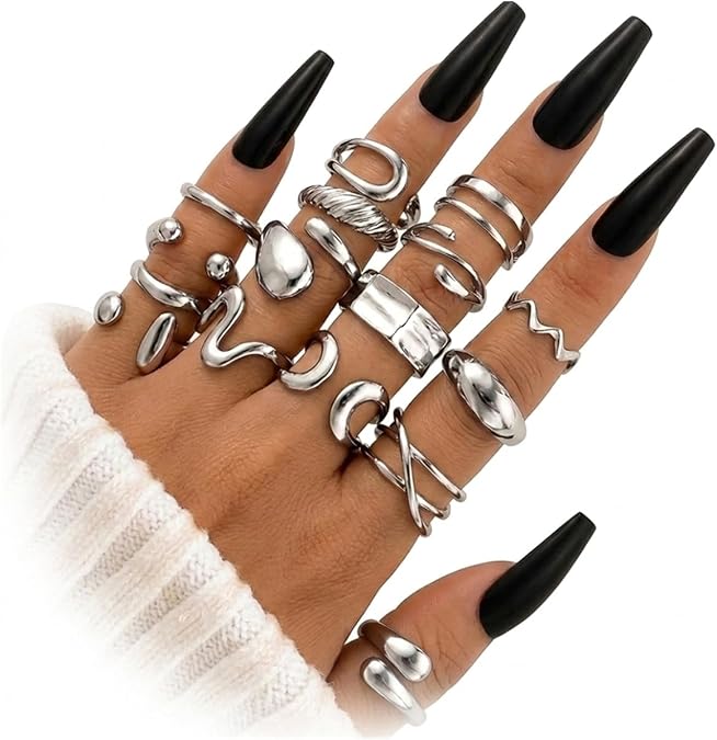16 PCS Silver Chunky Rings Set for Women, 14k Silver Plated Thick Dome Stackable Open Rings Trendy Dainty Minimalist Jewelry Gifts