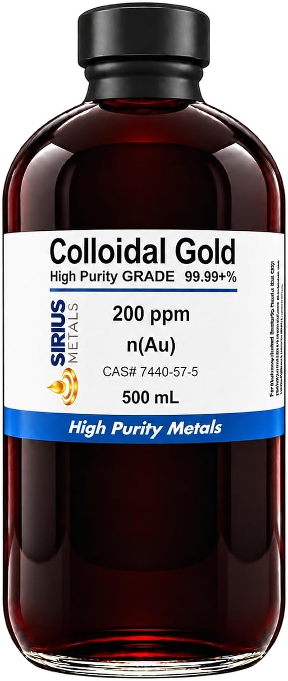 True Colloidal Gold (200 ppm) - 99.99+% Purity - 500 mL (16.9 Fl Oz) in a Clear Glass Bottle