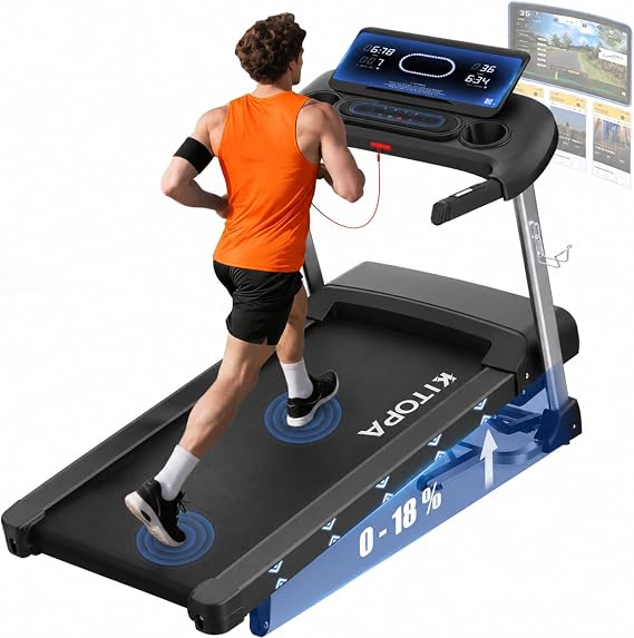 KITOPA Foldable Treadmill for Home 20km/H 18% Auto Incline 180KG Heavy Duty | 7HP Quiet Motor, 47.2"18.9" Cushioned Running Belt, Heart Rate, Touch Screen, Running Machines for Heavy People, Smart APP