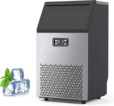 Commercial Ice Maker Machine - 110LBS/24H Ice Production, 33LBS Storage, Stainless Steel, Self-Cleaning, 66 Ice Cubes in 5-15 Mins, Freestanding/Undercounter