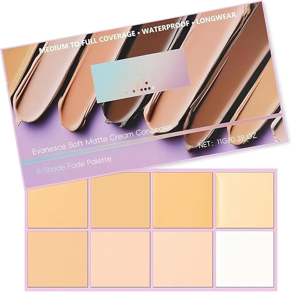 Pimby Foundation, Evanesce Soft Matte Cream Concealer 8 Shade Fade Palette, with Applicator Waterproof Full Coverage Cream for Blemishes & Cover, Long-Lasting Lightweight Formula Safe (Light color)