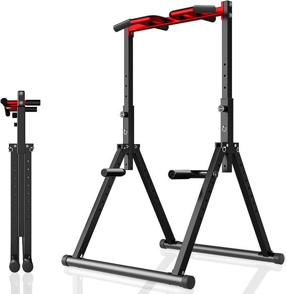 WATBKHE Power Tower Pull Up Dip Station, Foldable Pull Up Bar Free Stnding