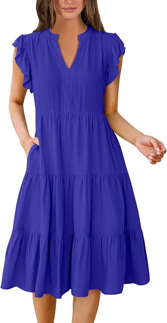 Vestidos Casuales para Mujer,Sun Dresses for Women 2025 Ruffle Sleeve V-Neck Flowy Graduation Dresses Casual Layered Midi Summer Boho A-Line Dress Cruise Beach Vacation Clothes Blue M