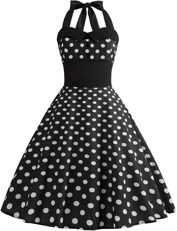 Women 50s Vintage Polka Dot Halter Cocktail Swing Dress Buttons Floral 1950s Rockabilly Audrey Hepburn Prom Tea Party Dress
