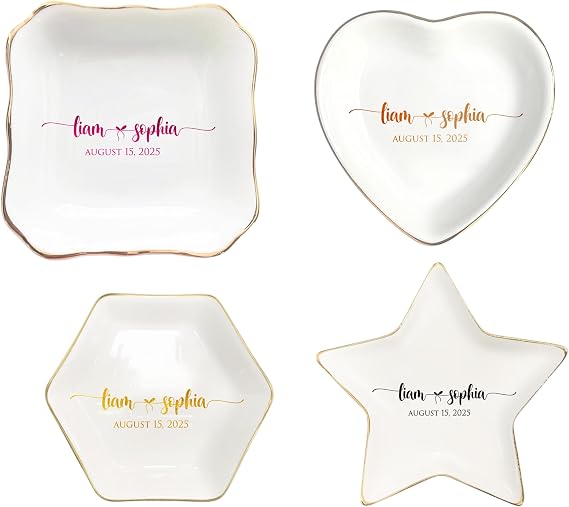 Personalized Ceramic Jewelry Tray For Wedding, Gift Custom Names, Gifts for Her, Trim Jewelry Tray Bridesmaid Wedding Engagement Gifts Jewelry Dish Custom Ring Dish Couple Style 1
