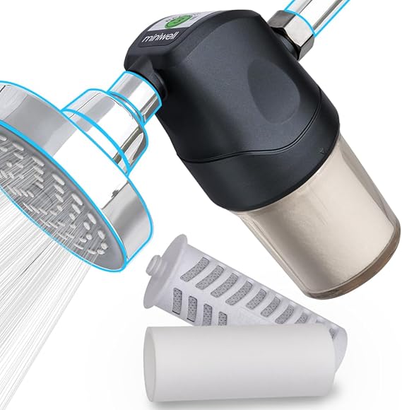 Miniwell Shower Filter System - Purify Water, Reduce Hard Water and Chlorine, Soften Skin and Hair | Bathroom Filter for Contaminants (Black)