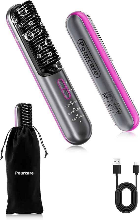 Cordless Hair Straightener Brush Rechargeable Portable Straightening Comb for Travel Touch-Ups, Bangs & Short Hair USB-C Fast Charge 3 Temp Settings Friendly for Gym Dorm & On-the-Go