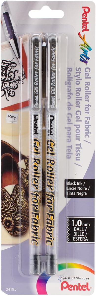 Pentel Arts Gel Roller for Fabric, (1.0mm) Bold Lines, Permanent, Black Ink, Pack of 2 (BN15BP2A)