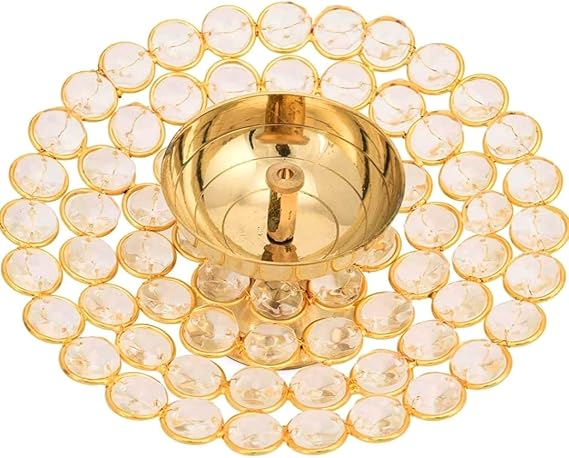 Compact Brass Crystal Oil Akhand Diya for Diwali Decoration & Pooja Traditional Indian Oil Lamp for Festivals & Home Decor Ideal Gift, Pack of 1 (Size: 13 x 4 cm) for Gifting & Celebrations