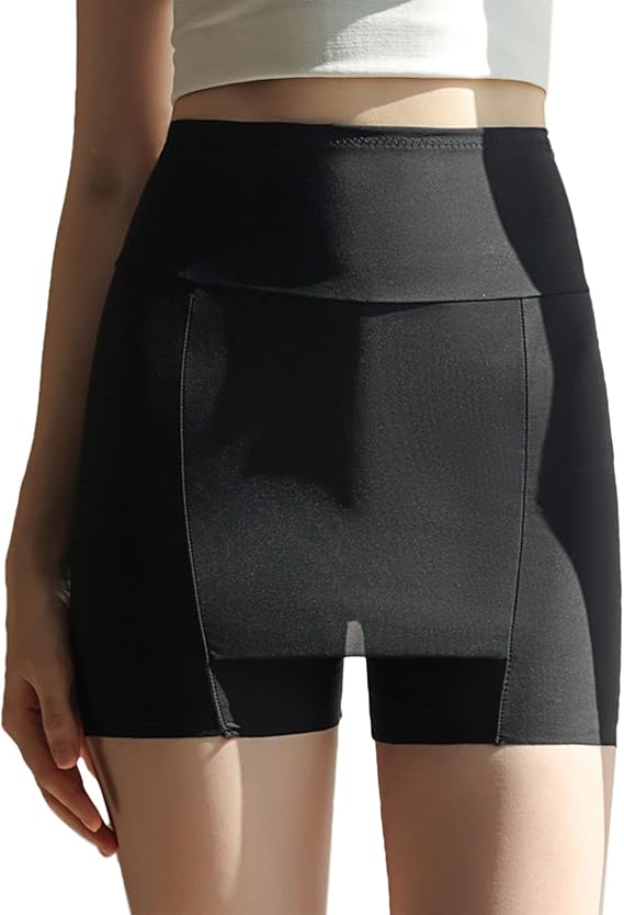 Womens Ice Silk High Waist Double Layer Front Crotch Shorts Tummy-Control Traceless Underpants for Skirts Dresses Ice Silk+Black