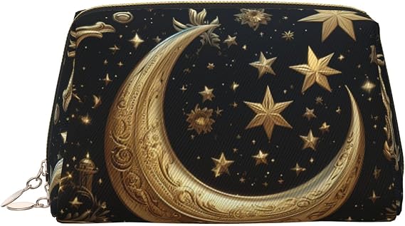 Travel Makeup Bag,Waterproof Makeup Bag for Purse, Leather Toiletry Bag for Women Cosmetic Bag Organizer Golden stars and moon Makeup Pouch with Zipper Make Up Bags for Travelling