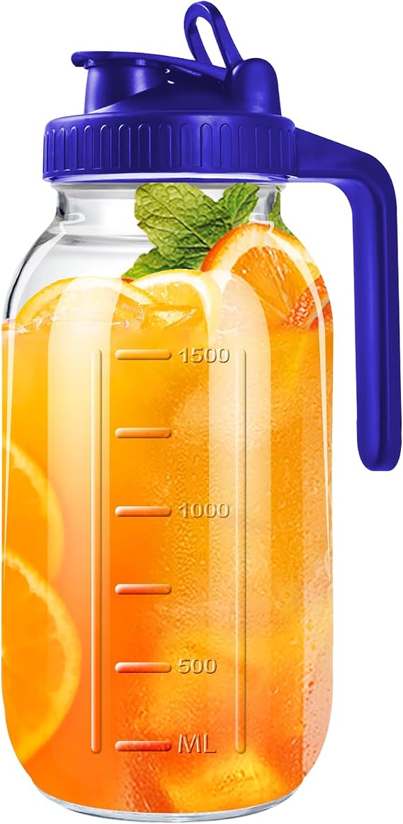64oz Glass Pitcher with Lid, 2 Quart Mason Jar Pitcher with Spout