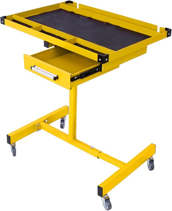 Adjustable Tear Down Work Table with Wheels Drawer Rolling Workbench Rolling Tool Tray Heavy Duty Workbench Portable Mobile Work Table for Garages Repair Shops Warehouse 220lbs Capacity Yellow