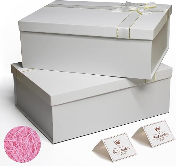 Large White Presentation Box, Pack of 2 Sturdy Gift Box with Lid, Gift Wrap Box for Birthday, Anniversary, Festival, Special Celebration and More