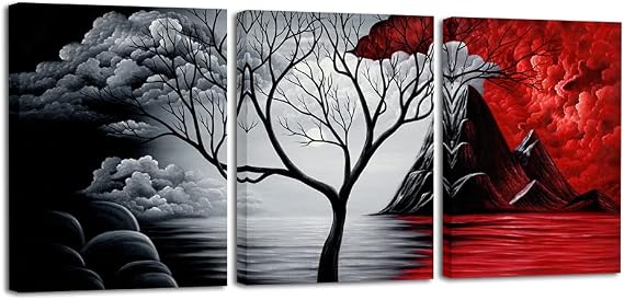Wieco Art - The Cloud Tree Large 3 Panels Modern Stretched and Framed Giclee Canvas Prints Abstract Seascape Paintings Reproduction Sea Beach Pictures on Canvas Wall Art for Bedroom Home Decorations