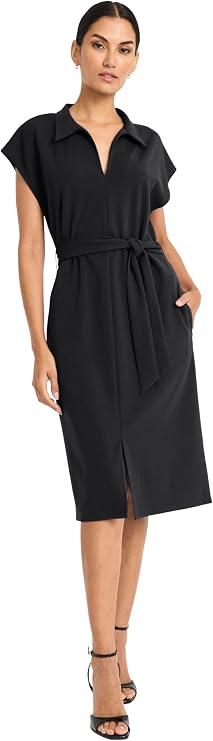 Maggy London Women's Midi Length Cap Sleeve Shirt Pockets-Self Tie Belt-Business Casual Work Dress Night