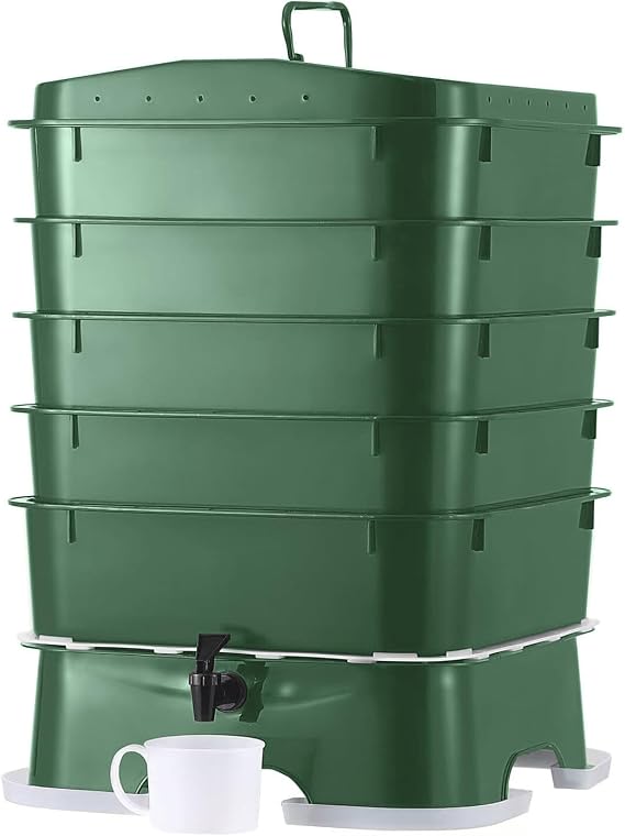 Plus US Made 5 Tray Worm Composter -Forest Green,Sustainable Design for Both Indoor & Outdoor, Worm Compost Bin for Vermicomposting Starter, Recycling Food Wastes