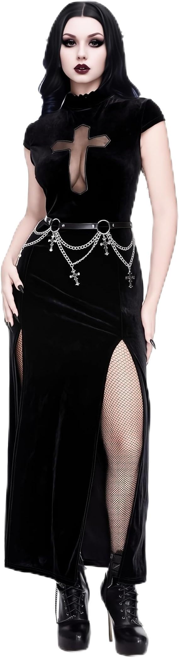 InGoticos Women Gothic Dark Vampire Style Criss-Cross Cutout High Slit Bodycon Goth Dress Without Belt