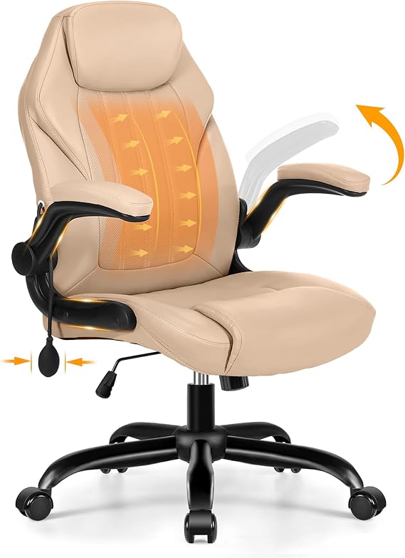 Ylzyxal Office Desk Chair, Ergonomic Computer Chair with Padded Flip-Up Arms and Adjustable Lumbar Support, PU Leather Executive Chair with Tilt Lock and 360 Swivel Rolling Wheels for Work, Study