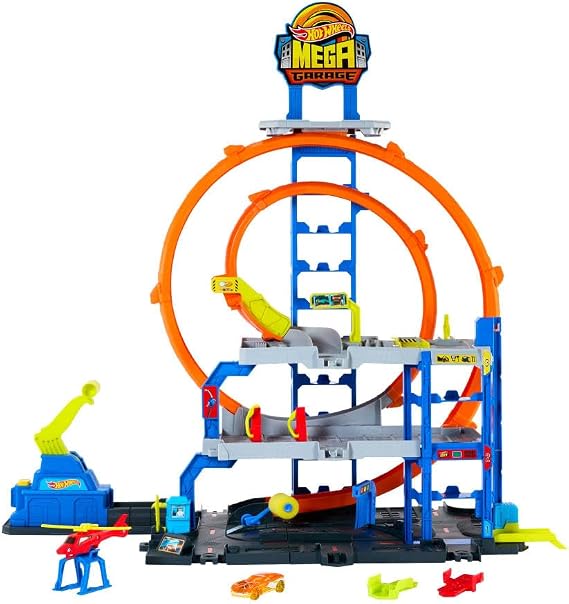 Hot Wheels Mega Loop Garage Track Set with Toy Car & Helicopter | Playset with Die-Cast Vehicle & Chopper, 2 Loops, Storage for 36 1:64 Scale Vehicles, Speed Snap Adapters