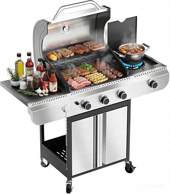 3-Burner Propane Gas Grill with Side Burner, 34,000 BTU Stainless Steel BBQ Grill Heavy-Duty Porcelain-Enameled Grates for Patio and Outdoor Cooking