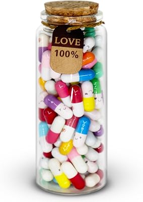 Mczxon Capsule Letters Message in a Glass Bottles, 100Pcs Cute Smiling Face Love Friendship Letter Color Pill with Wishing Bottle, Message Pills for Boys Girls Friends Family