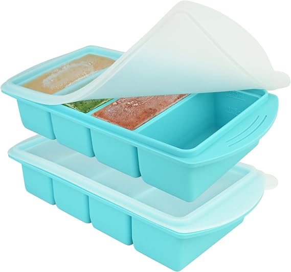 2 Pack Souper Cubes Silicone Freezer Tray, 1000ML Silicone Freezer Moulds with Lid, 4 Compartment Soup Freezer Containers, Makes 8 1-Cup Soup Portion Freeze Trays, Freezer Storage Food Soups Meal Prep