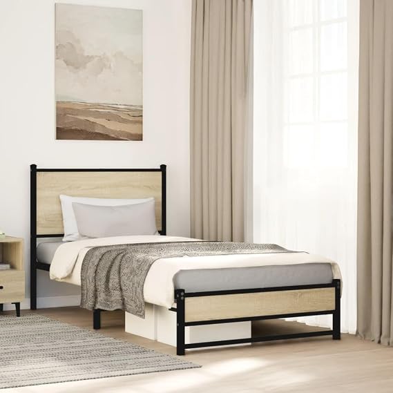 Single Bed Frame Small Single 75x190 cm, Sonoma Oak Metal with Headboard, 196x80x91.5 cm, Under-Bed Storage, Easy Assembly, Robust Steel Slats for Kids Guest Loft Bedroom