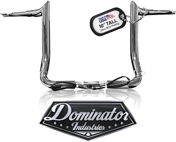 Dominator Industries 1 1/4" PRE-WIRED 10" Meathook Bar Ape Hangers Handlebars Compatible With 2014-2023 Harley-Davidson Bagger Touring Electra & Street Glide (Chrome) Heated Grip Option