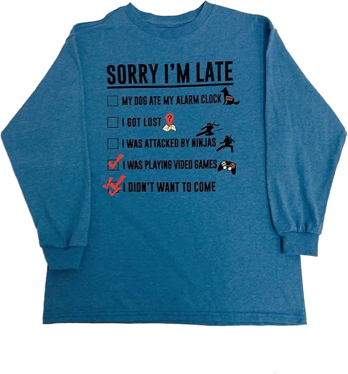 Boys Blue Sorry I'm Late I was Playing Video Games Long Sleeve Shirt T-Shirt